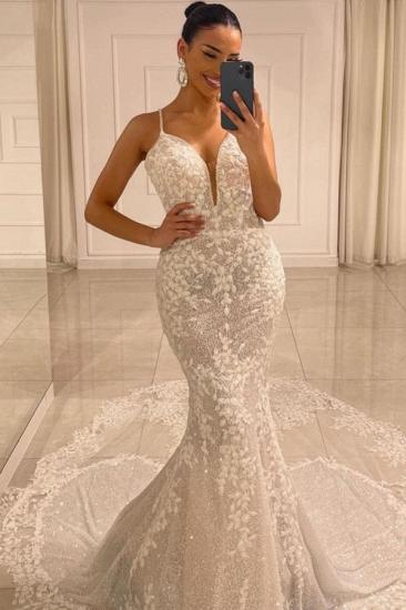 Luxurious V-neck long lace mermaid wedding dress with straps