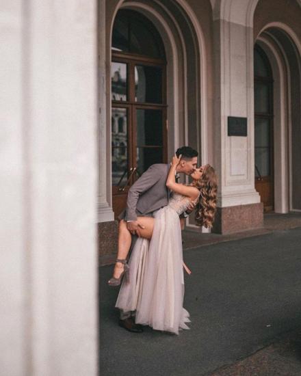 Bohemian Side Slit Long V Neck Tulle Wedding Dress | High Waist Lace Wedding Dress_5
