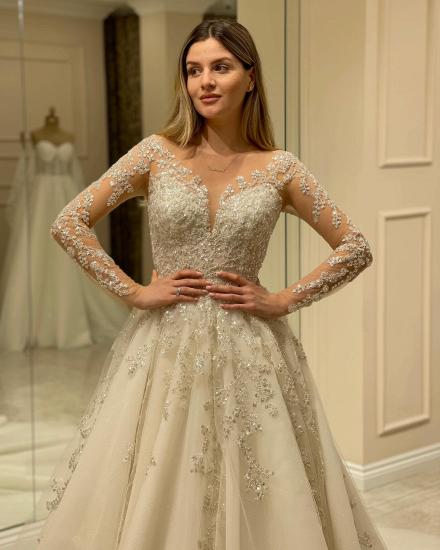 Designer lace V-neck long-sleeved wedding dress | A-line long-sleeved wedding dress with tail_4