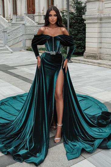 Dark Green Fashion Slit Off Shoulder Long Sleeve Prom Dress | Mermaid Prom Dress_3