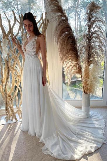 Elegant Lace Sleeveless Chiffon Gown | A-line Minimalist Wedding Dress